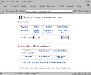 [Image: Reduced size screen shot graphic of Library catalog main page with a search for a Journal title of 